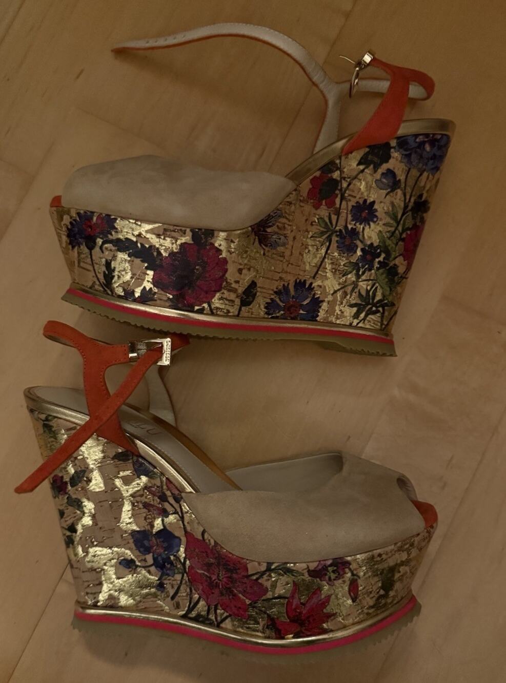 NEW Loriblu floral Summer printed cork wedge Sandals Red Tan Suede 37.5